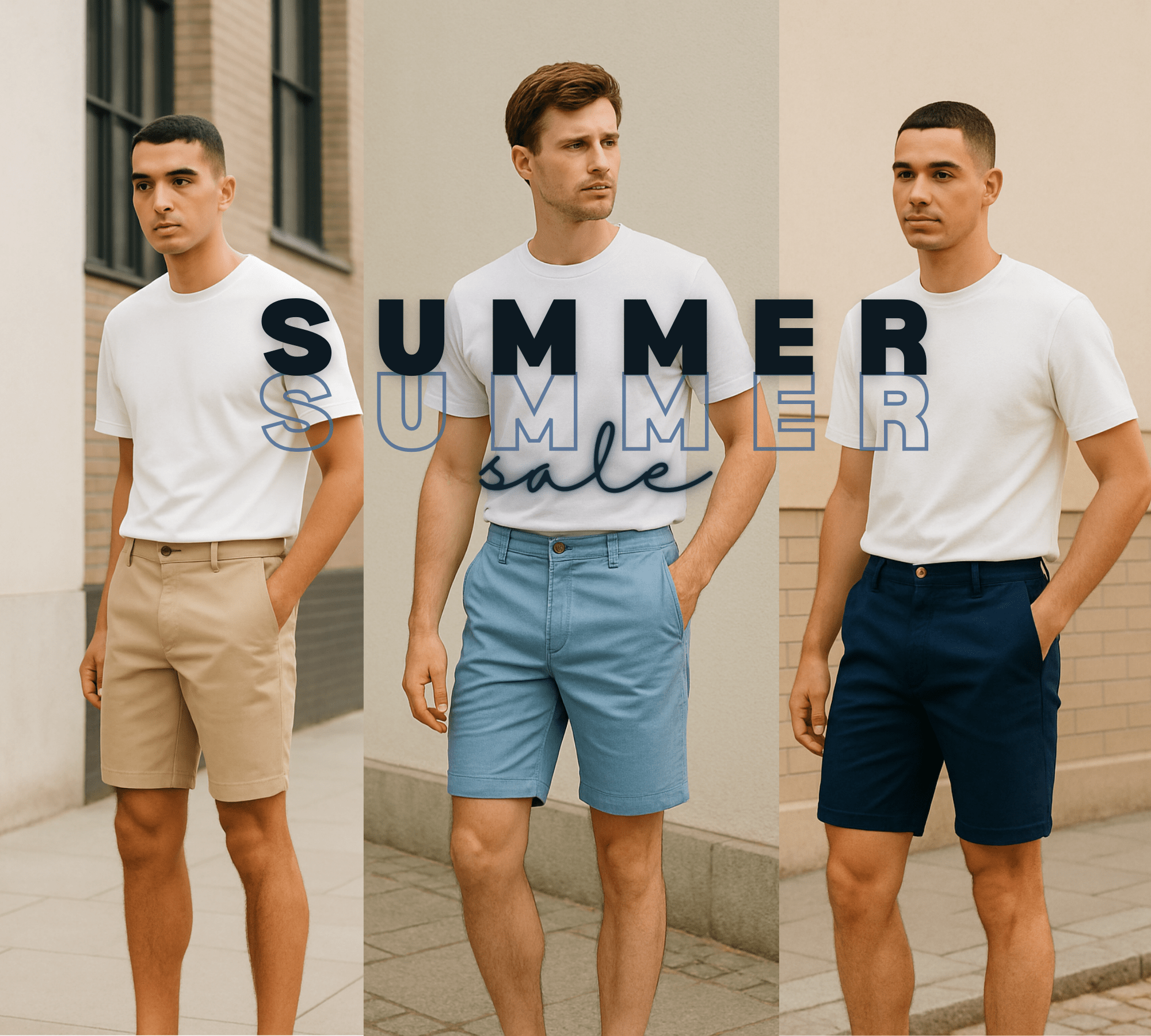 Three men wearing white t-shirts with 'SUMMER SALE' text and shorts of different colors.